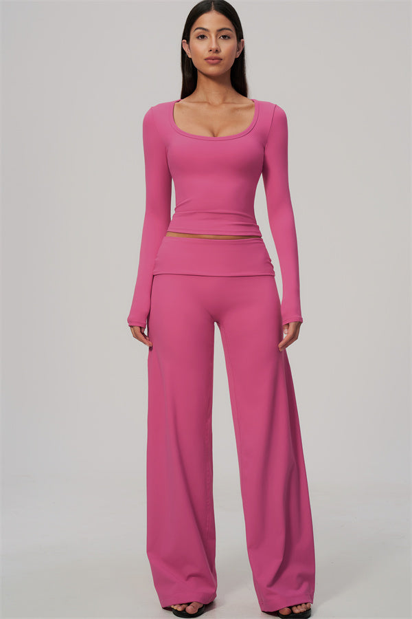 The Amity Long Sleeve T-shirt Straight Leg Pants Foldover Waist 2-Piece Set