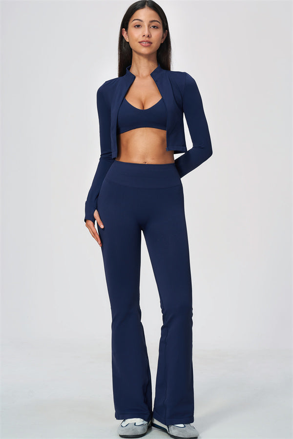 The Wanderlust Cropped Jacket Sports Bra Flared Leggings 3-Piece Set