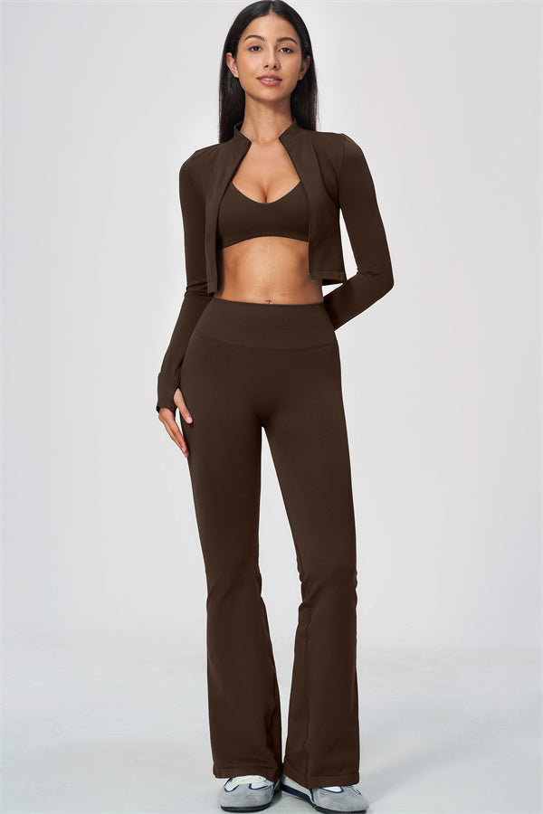 The Wanderlust Cropped Jacket Sports Bra Flared Leggings 3-Piece Set
