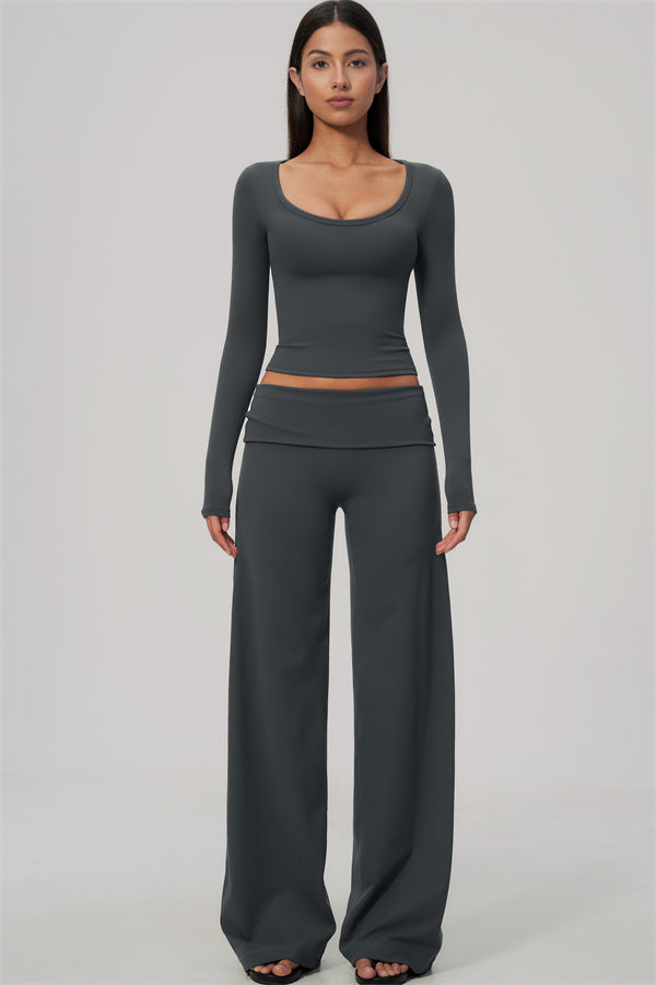 The Amity Long Sleeve T-shirt Straight Leg Pants Foldover Waist 2-Piece Set