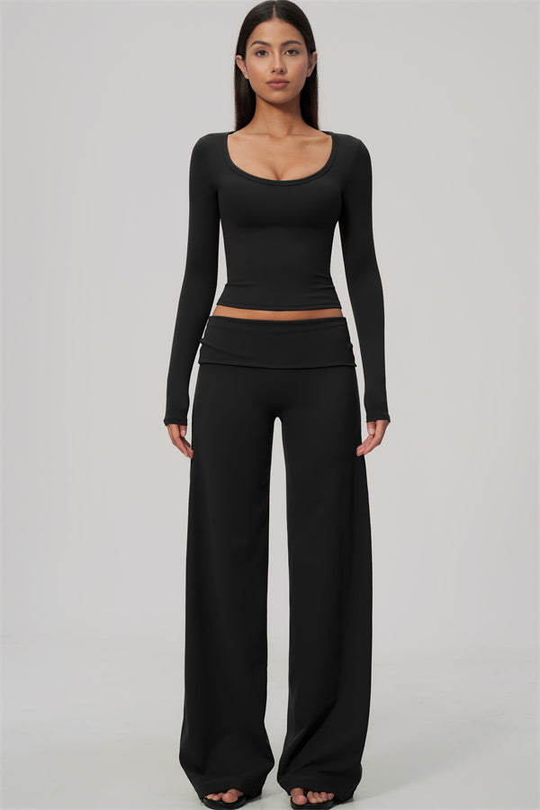 The Amity Long Sleeve T-shirt Straight Leg Pants Foldover Waist 2-Piece Set