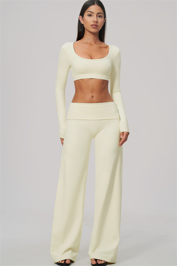 The Amity Long Sleeve Crop Top Straight Leg Pants Foldover Waist 2-Piece Set