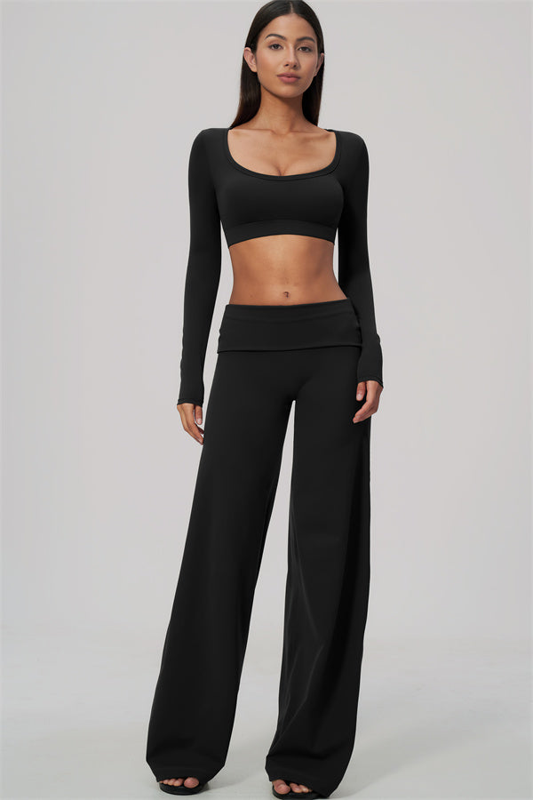 The Amity Long Sleeve Crop Top Straight Leg Pants Foldover Waist 2-Piece Set