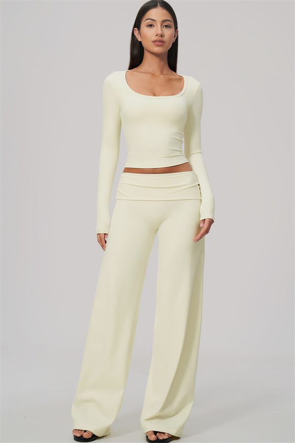 The Amity Long Sleeve T-shirt Straight Leg Pants Foldover Waist 2-Piece Set