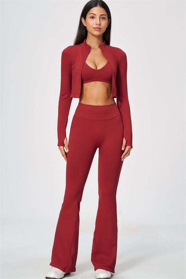 The Wanderlust Cropped Jacket Sports Bra Flared Leggings 3-Piece Set