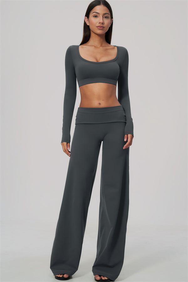 The Amity Long Sleeve Crop Top Straight Leg Pants Foldover Waist 2-Piece Set