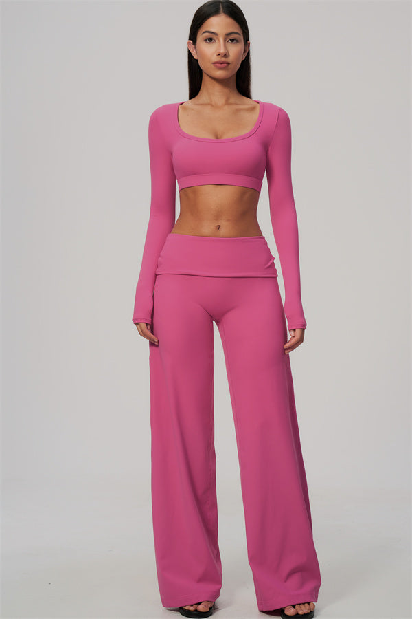 The Amity Long Sleeve Crop Top Straight Leg Pants Foldover Waist 2-Piece Set